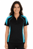 A black polo shirt with turquoise accents, featuring a logo, designed for women.