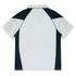 A polo shirt featuring a combination of white, black, and grey, with short sleeves and a collar. It includes a logo.