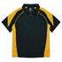 A polo shirt featuring green and yellow panels, with a collar and short sleeves, and a logo on the front.