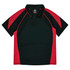A polo shirt featuring a black body with red accents and a collar, designed for women. It has branding on the tag.