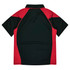 A red and black polo shirt with a collar, featuring a logo on the back.