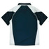 A navy and white polo shirt featuring a sporty design and a logo on the chest.