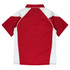 A polo shirt featuring a maroon body with white sleeves and a collar, designed for women. It has a logo.
