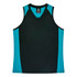 A black and teal sleeveless singlet featuring a V-neck design and detailing on the sides. It has a logo.