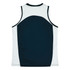 A sleeveless singlet featuring a navy blue and white design with a logo on the back.