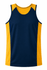 A navy and yellow singlet featuring a logo, designed for men's wear.