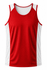 A red singlet with white side panels and a logo, made from a lightweight fabric.