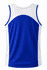 A blue and white men's singlet featuring a logo, with a curved design on the back.