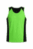 A bright green singlet with black side panels, featuring a simple design and a branding logo.
