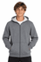A grey zip-up hoodie with a white inner lining and a hood, featuring a model with hands in pockets.