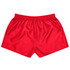 A pair of red rugby kids shorts with an elastic waistband and a smooth, shiny finish.