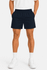 Men's sports shorts in navy blue, featuring an elastic waistband and side pockets. The model is wearing white shoes and socks.