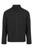A black soft shell jacket with a zipped front and two side pockets, featuring a logo on the chest.
