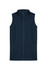 A navy vests featuring a zip front and two side pockets, designed for kids. It has a logo on the chest.