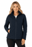 A soft shell jacket in navy blue, featuring a high collar and zippered front, showcased on a female model.