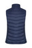 A navy puffer vest with a high collar and quilted design, featuring a branding logo.