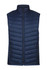 A navy blue padded vest with a high collar and zippered pockets, featuring a logo on the front.