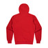 A red hoodie featuring a back view with a hood and long sleeves. It has a logo on the back.