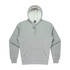 A grey men's hoodie with a front pocket and drawstring hood, featuring a logo on the tag.