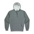 A grey hoodie with a white interior lining and a front pocket. It features a logo on the chest area.