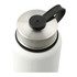 A drink bottle featuring a stainless steel lid and a white body, equipped with a black carry handle.