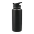 A drink bottle in matte black, featuring a flip-top lid and a sleek design. It includes a logo on the body.