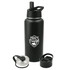 A drink bottle in matte black, featuring a logo and two interchangeable lids. It has a sleek, modern design.