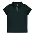 A dark green polo shirt with a collar and a white accent detail. It has a logo on the inner label.