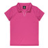A pink polo shirt featuring a collar and a branding label on the inner neck.