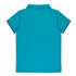 A turquoise polo shirt with a collar and short sleeves, featuring a logo on the front.