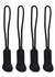 Four black zip puller accessories with loops and a small logo on each.