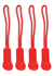 Four red zip pullers with a textured grip and a logo on each. Suitable for various clothing accessories.