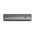 A sleek, rectangular grey power bank featuring a status indicator and a logo.