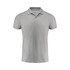 A light grey polo shirt with a collar and short sleeves. The shirt features a branding logo.