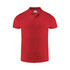 A red men's polo shirt featuring a collar and short sleeves, with a logo on the upper back.