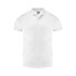 A plain white polo shirt with a collar and short sleeves, featuring a logo on the chest.