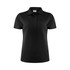 A black women's polo shirt featuring a classic collar and button placket. It has a branded logo.
