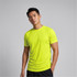 A bright yellow men's active t-shirt featuring a fitted design and short sleeves. It has a logo on the chest.