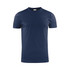 A navy blue men's t-shirt with a round neckline and short sleeves, featuring a logo.