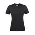A black women's t-shirt with short sleeves and a round neckline. The shirt has a logo on it.