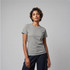 A grey women's t-shirt featuring a classic cut and crew neck, with a logo on the chest.