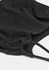 A black nylon tote bag featuring drawstring closure and textured fabric. It includes a logo on the side.