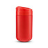 A coffee cup in bright red with a secure lid and a smooth finish, featuring a logo on the side.