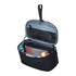 A black toiletry bag with a grey interior, featuring multiple compartments and a removable pouch.