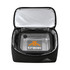 A black insulated lunch bag with a silver interior, featuring a transparent container inside and a logo.