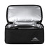 A black lunch bag with a silver insulated interior, featuring a logo on the front.