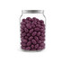 A clear canister filled with purple jelly beans, featuring a metallic lid and a smooth finish.