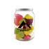 A clear can filled with colourful jelly lollies in various shapes and sizes, featuring a logo on the front.
