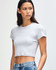 A grey cropped fitted t-shirt with short sleeves and a round neckline, displayed on a model.