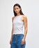 A fitted grey tank top on a model, paired with blue jeans. The top features a logo tag.